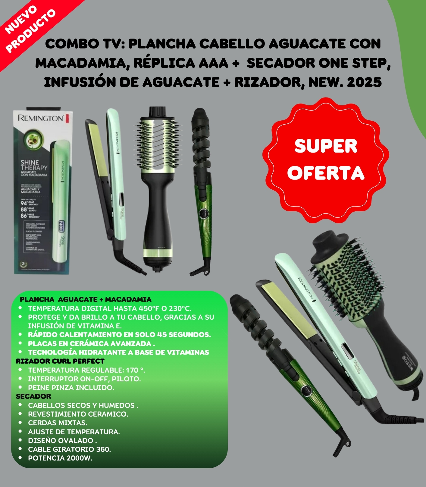 Kit Plancha + Cepillo + Rizador Aguacate